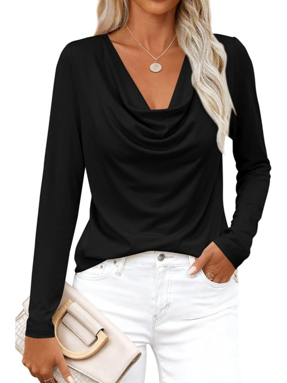 Women Black Cowl Neck Long Sleeve Tunic Dressy Teacher Shirt Business Casual Top